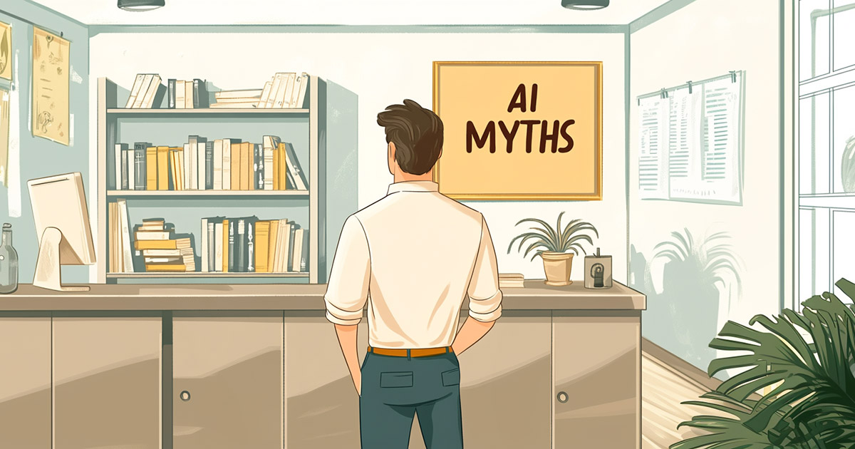 A business owner standing in front of a bookshelf full of outdated AI myths