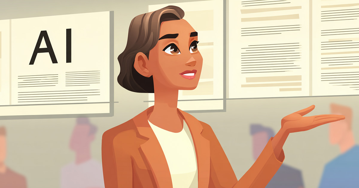 An executive explaining the importance of prompt engineering to her team in an office