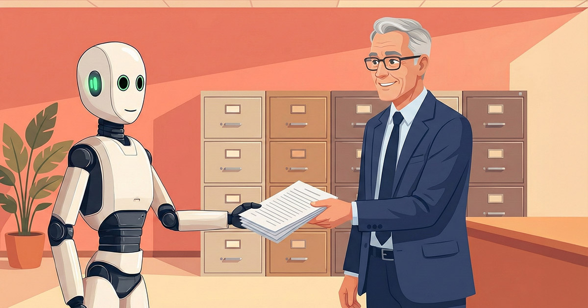 A friendly robot handing documents to a consultant in a warm-toned office setting, representing AI-human collaboration in consulting workflows