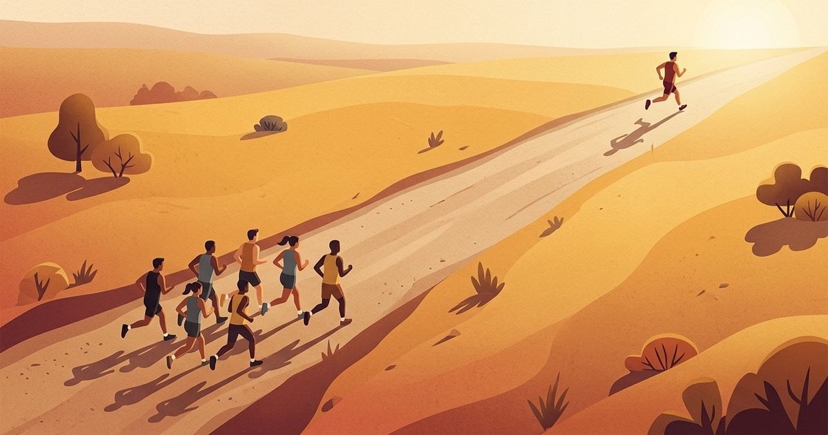 An illustrated marathon scene with one runner well ahead on the road and a small pack still trailing behind
