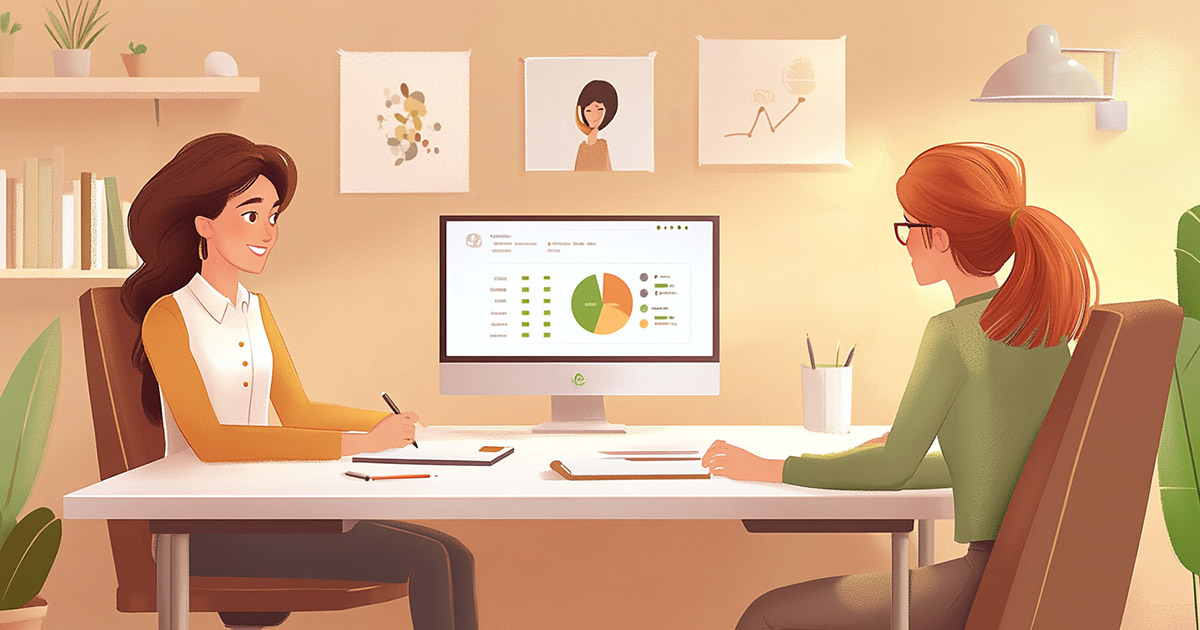 A small business owner reviewing a sales call with one of her sales reps