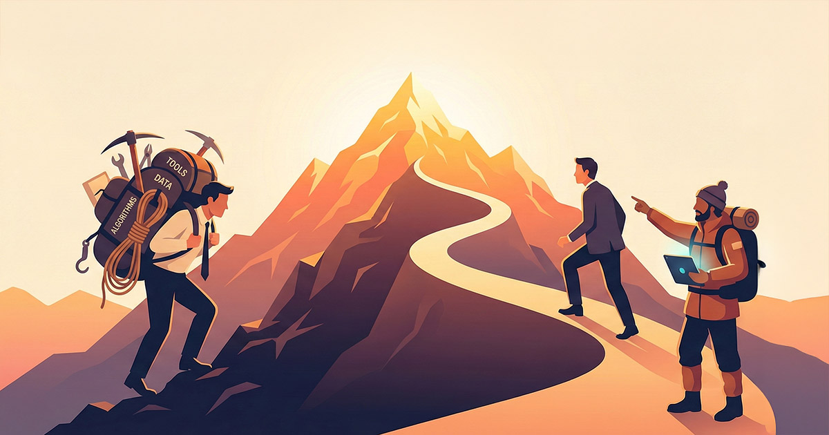 An illustrated comparison of climbing a mountain alone with heavy tools versus being guided efficiently by a generative AI strategist