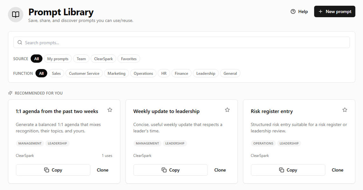 Screenshot of the ClearSpark Prompt Library in the AI Adoption Hub showing three ClearSpark-curated prompts.