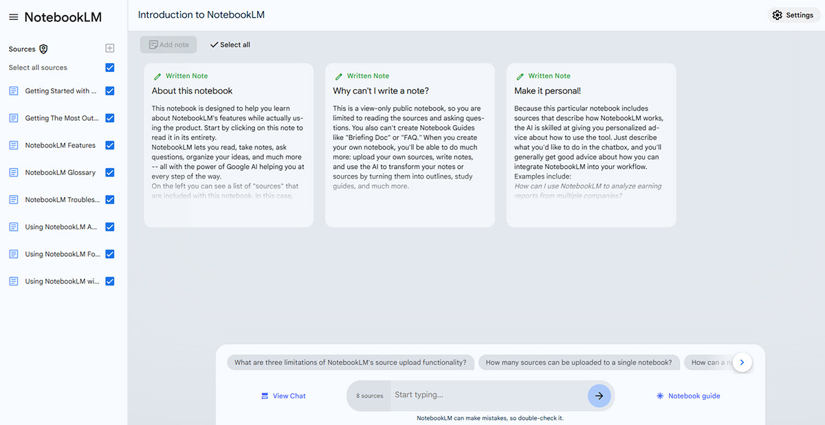 The chat interface of Google's NotebookLM, with a question being answered using uploaded sources