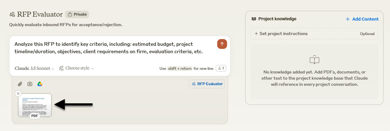 Screenshot of the Claude user interface evaluating an RFP via file upload