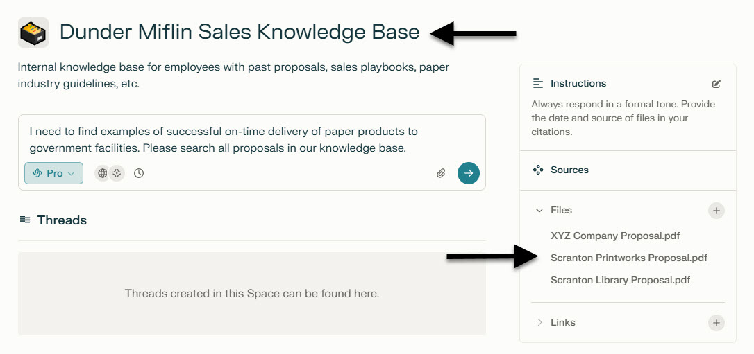 Screenshot of the Perplexity.ai user interface with RAG implemented via Spaces