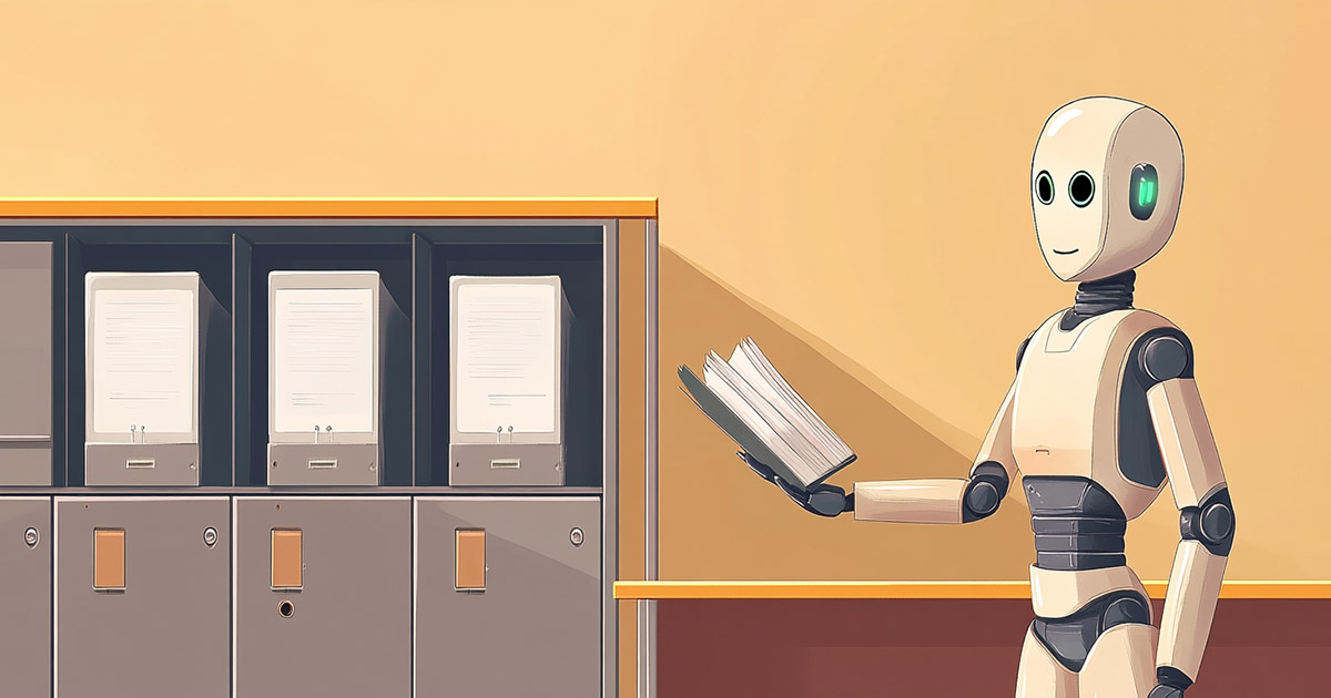A robot office worker retrieving files from a cabinet