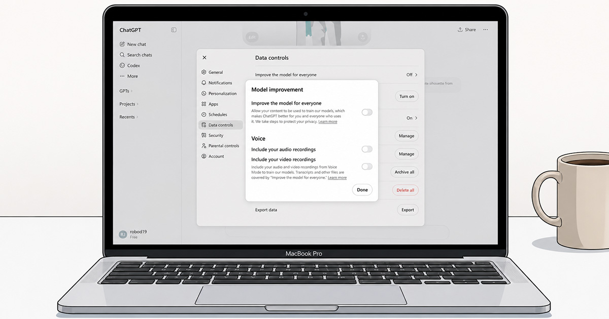 A laptop screen showing ChatGPT's Data controls settings, with the 'Improve the model for everyone' toggle in the off position.