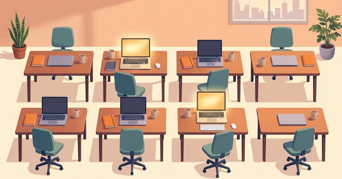 Overhead view of eight workspace desks with two glowing laptop screens, illustrating uneven AI adoption across a team