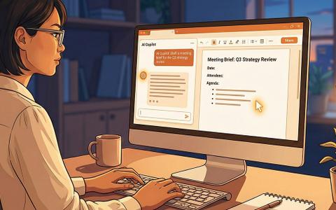 An executive assistant working at her desk in the evening, preparing a meeting brief