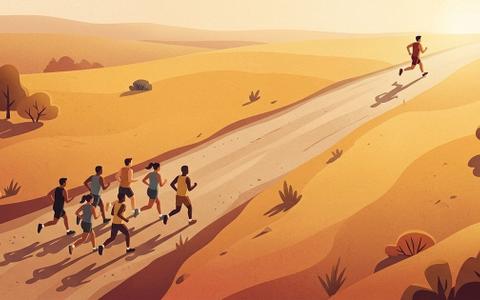 An illustrated marathon scene with one runner well ahead on the road and a small pack still trailing behind