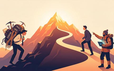 An illustrated comparison of climbing a mountain alone with heavy tools versus being guided efficiently by a generative AI strategist