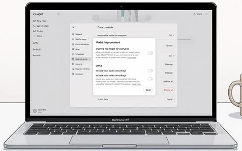 A laptop screen showing ChatGPT's Data controls settings, with the 'Improve the model for everyone' toggle in the off position.