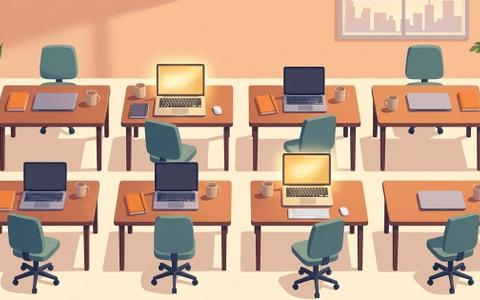 Overhead view of eight workspace desks with two glowing laptop screens, illustrating uneven AI adoption across a team